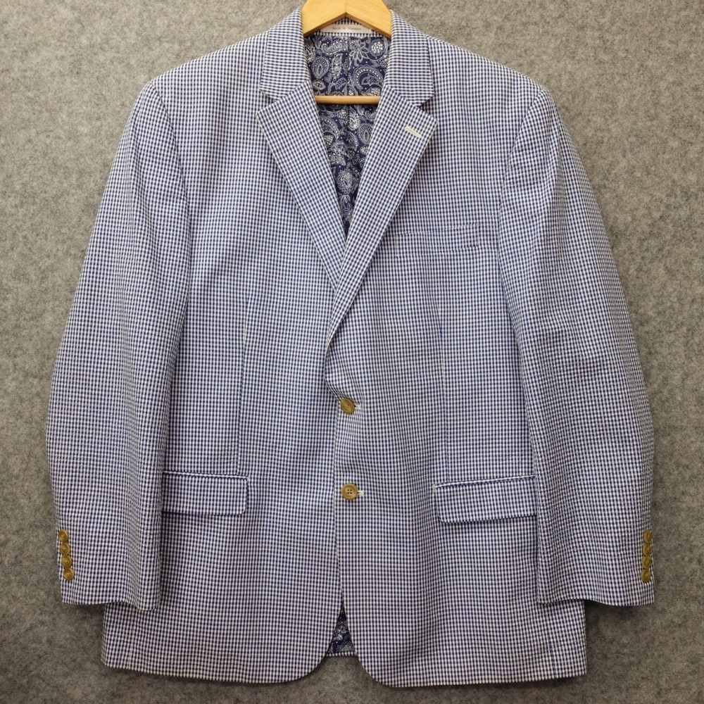 Gingham Blazer Sport Coat Mens 42R Blue White Cotton Jacket Summer Preppy CHAPS